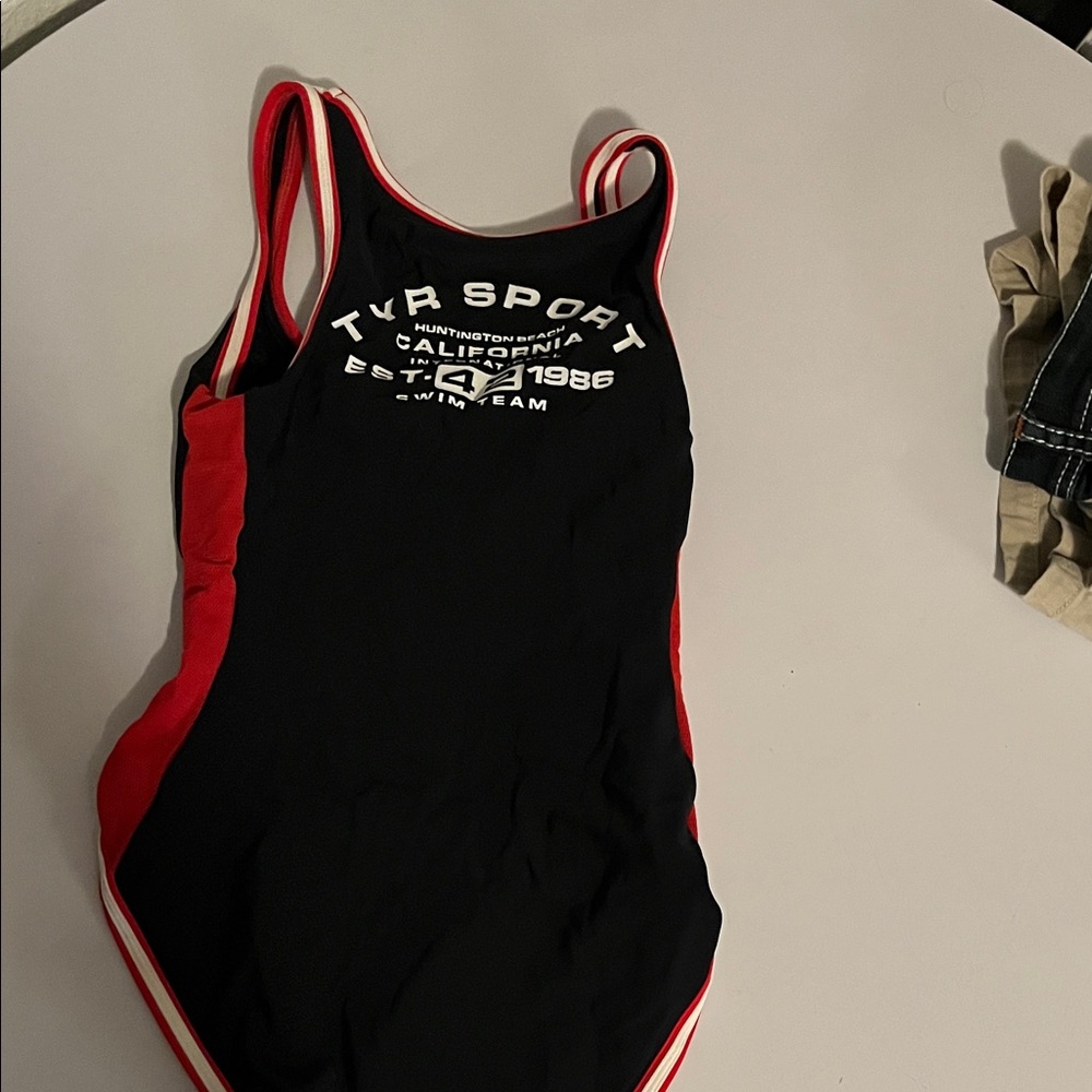 TYR One-Piece Swim Suit in Black and Red with White Trim